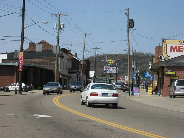 Downtown Bridgeport , Ohio , United States . Picture is taken looking westward from the eastern end of Main Street ( U.S. Route 40 ).