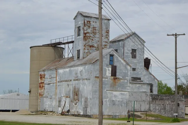 View from the southwest of the Burgoon elevator, located on Main Street east of the rail line in Burgoon , Ohio , United States .