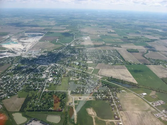 Aerial view of Carey , a village in Wyandot County , Ohio , United States . Picture taken from a Diamond Eclipse light airplane at an altitude of 3,500 feet MSL and a bearing of a...