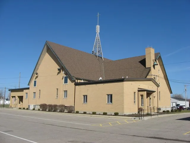 Rear of Precious Blood Catholic Church , located along the eastern side of Roosevelt Street ( State Route 716 between Main and Walnut Streets in Chickasaw , Ohio , United States ...