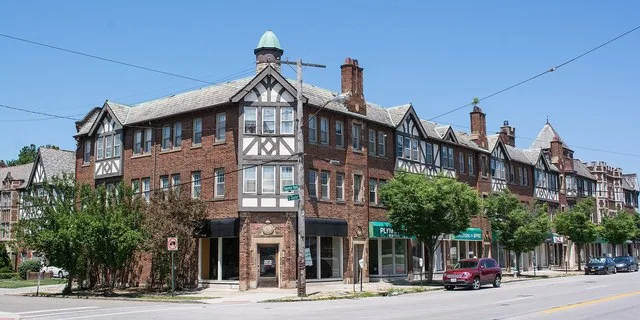 1912-1926 S. Taylor Road in Cleveland Heights, Ohio. This mixed-use building, also known as one of the "Tudor Taylors", is part of the Stadium Park National Historic District. Thi...