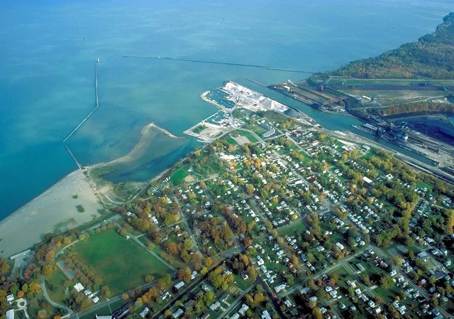 Aerial view of the port and harbor at Conneaut, Ohio, USA, on Lake Erie. View is to the northeast over the lake.