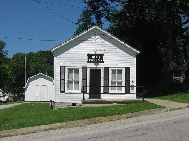 Front of the Corwin Council House and Jail , located at 946 Harveysburg Road (Corwin Avenue) in Corwin , Ohio , United States . Built in 1898, it is listed on the National Registe...
