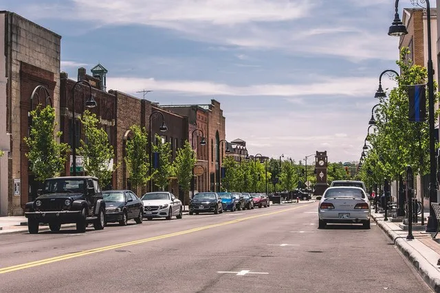 Front Street, Downtown Cuyahoga Falls and clock tower.