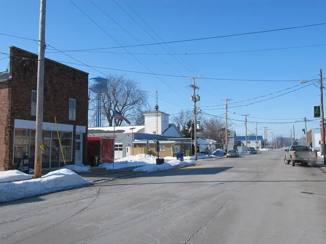 Photograph of the village of Cygnet , Ohio en , taken at street level from the intersection of Front and Venango streets, looking West toward the local office of the United States...