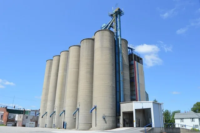View from the northeast of the community grain elevator in Deshler , Ohio , United States , located on Maple Street east of Keyser Street.