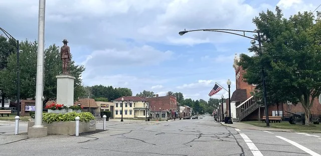 Uptown Doylestown, Ohio (the village's commercial district) as seen from the Doughboy statue in August 2023.