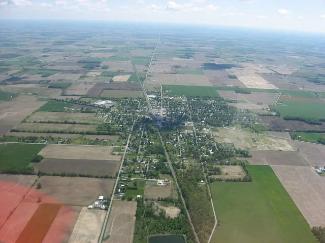 Aerial view of Forest , a village in Hardin County , Ohio , United States . Picture taken from a Diamond Eclipse light airplane at an altitude of 3,500 feet MSL and a bearing of a...