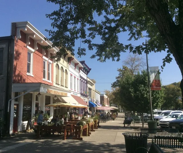 Shops on north side of Broadway, looking east,, Granville, Ohio