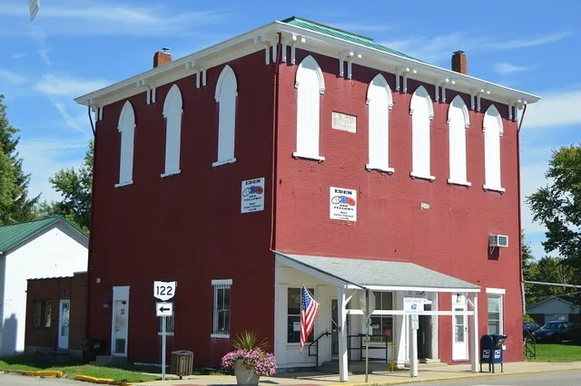 Front and western side of the Eden Lodge #147 hall and Gratis post office, located at the intersection of Franklin and East Streets ( State Route 122 ) in Gratis , Ohio , United S...