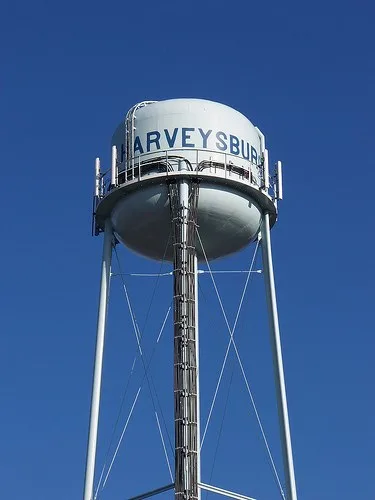 Piture of the blue water tower in Harveysburg, Ohio