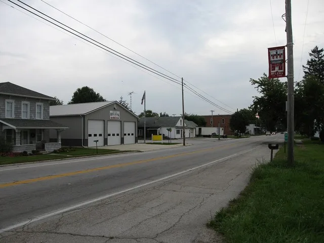 Photograph of the village of Helena , Ohio en , taken at street level from Main Street, looking East on U.S. Route 6 .