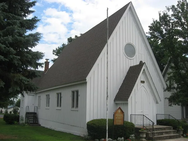Front and eastern side of the former St. Paul's Episcopal Church , located along W. High Street (State Routes 2 and 49 ) in Hicksville , Ohio , United States . Built in 1873, it i...