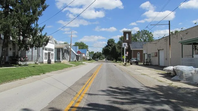 Looking east on Columbia Street (US Highway 52) in Higginsport.