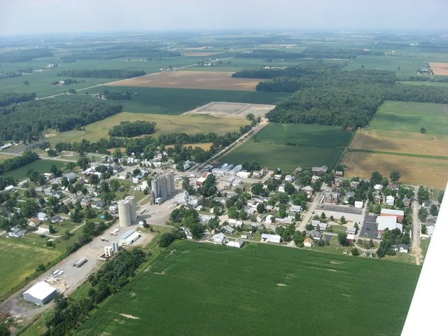Aerial view of the village of Jenera in Hancock County , Ohio , United States . Picture taken from a Diamond Eclipse light airplane at an altitude of 1,600 feet MSL and a bearing...