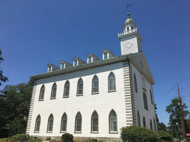 Exterior view of the Kirtland Temple showing the south and east facades