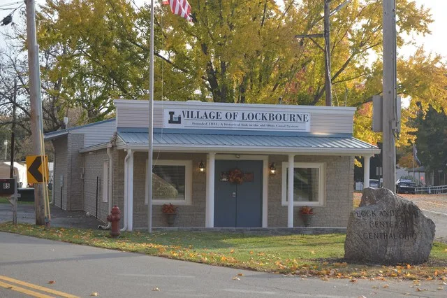 Front of Village Hall in Lockbourne , Ohio , United States , located at the junction of Commerce and Landis Streets.