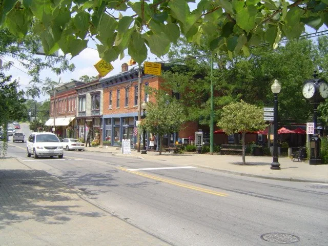 A look down East Loveland Avenue in the Historic Downtown section of Loveland, Ohio , looking to the west from Railroad Avenue. Through the center runs the Little Miami Bike Trail...