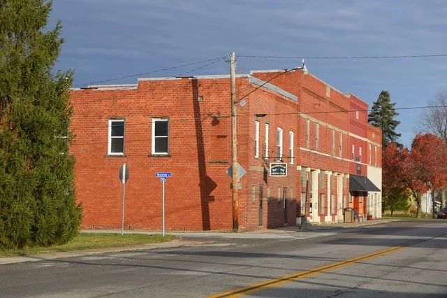 Buildings on the western side of Turkeyfoot Avenue ( State Route 109 ) north of the Monroe Avenue intersection in Malinta , Ohio , United States . Malinta is a small village; this...