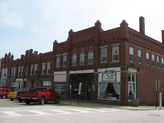 View of buildings in the Mantua Station Brick Commercial District , a National Register of Historic Places district in central Mantua , Ohio , United States . Buildings are locate...