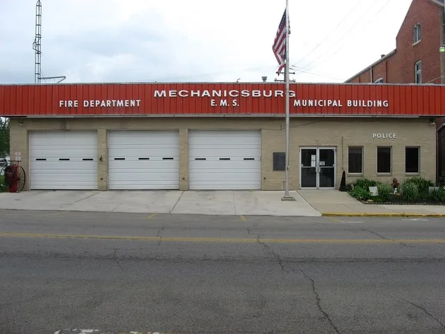 Municipal building and fire department in Mechanicsburg , Ohio , United States , located in the first block of N. Main Street.