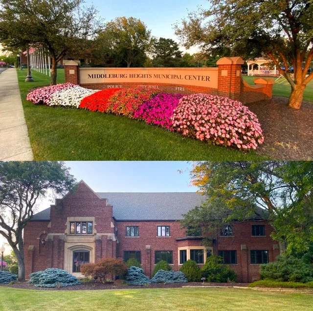 Municipal Center flower displays with City Hall on the bottom in September 2024.