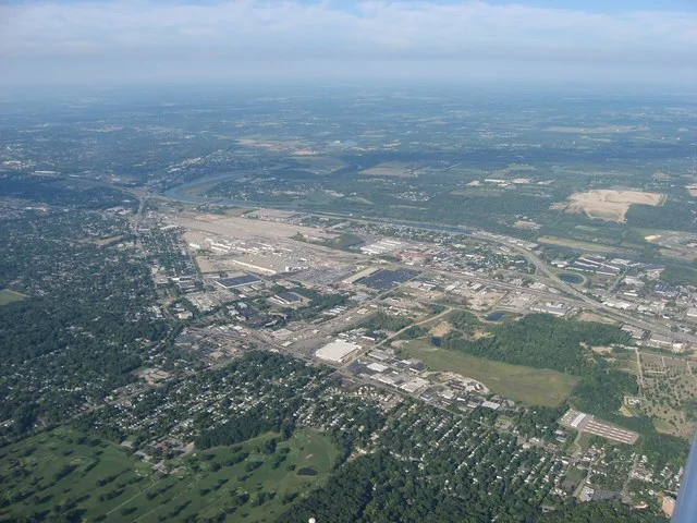 Aerial view of downtown Moraine , a city in Montgomery County , Ohio , United States . Interstate 75 is the major highway running along the Great Miami River on the far side of do...
