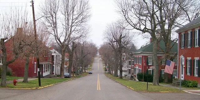 The Mount Pleasant Historic District in Ohio looking east along Union Street from its junction with Market Street. The district was added to the National Register of Historic Plac...