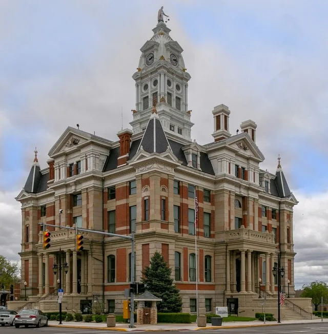 Oblique view of the National Register-listed Henry County Courthouse, built in 1880 in Napoleon, Ohio.