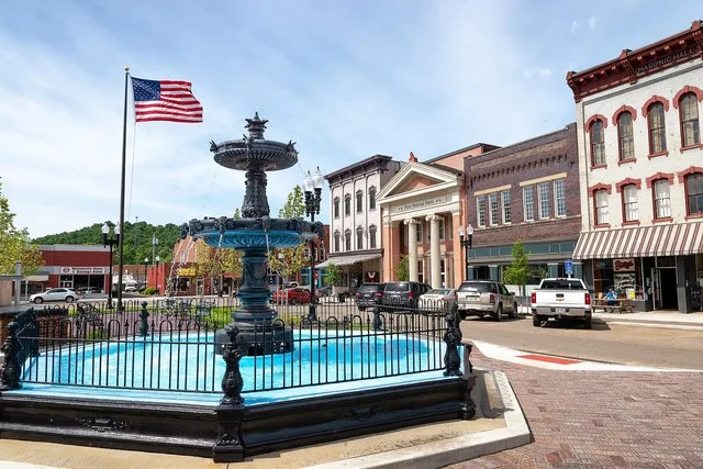 A view of Nelsonville's historic downtown square.