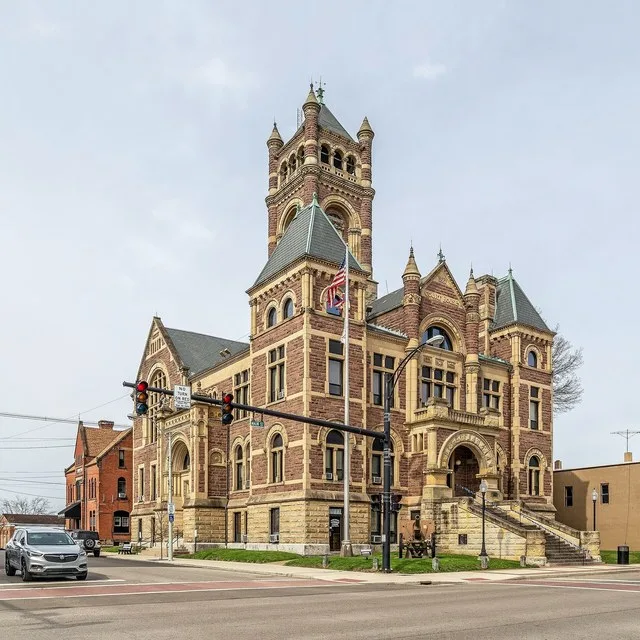 Oblique view of the National Register-listed Perry County Courthouse, built in 1887 in New Lexington, Ohio. Architect Joseph Yost designed the building.