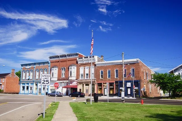 Businesses at the intersection of West Street (State Route 28) and Main Street in New Vienna, Ohio, United States.