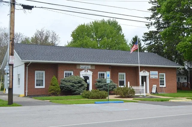 Front of the North Fairfield village hall and library, located at 3-5 E. Main Street ( State Route 162 ) in North Fairfield , Ohio , United States .