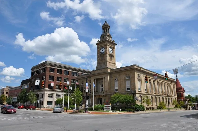 Huron County Courthouse and nearby buildings in downtown Norwalk in the U.S. state of Ohio