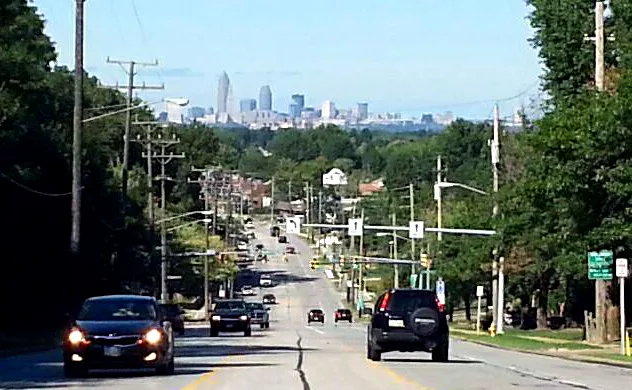 Cleveland Skyline from State Rd, Parma, Ohio, United States. Emphasizes Parma's location in relation to Cleveland as one of its nearby suburbs.