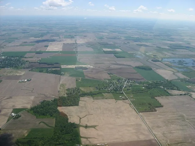 Aerial view of Patterson , a village in Jackson Township , Hardin County , Ohio , United States . Picture taken from a Diamond Eclipse light airplane at an altitude of 4,150 feet...