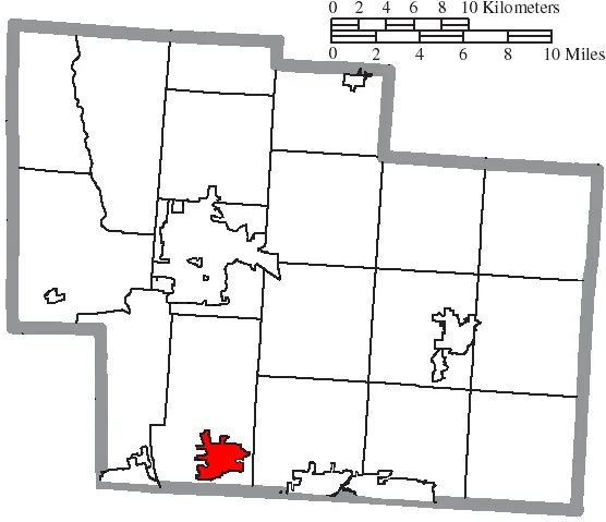 Map of the municipal and township boundaries of Delaware County , Ohio , United States , as of the 2000 census, with the location of the city of Powell highlighted. Township borde...