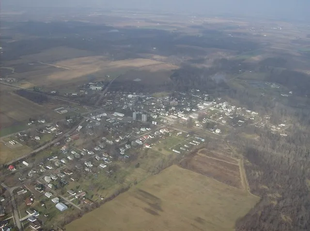Aerial view of Quincy , Ohio , United States , with a bend of the upper Great Miami River north of the village. Picture taken from a Diamond Eclipse light airplane at an altitude...