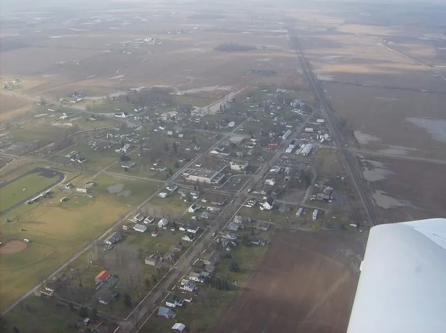 Aerial view of Ridgeway , a village in Hardin and Logan counties in the U.S. state of Ohio . Picture taken from a Diamond Eclipse light airplane at an altitude of 2,100 feet MSL a...