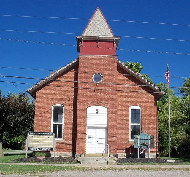 This building is the town hall for Rochester, Ohio and the township hall for Rochester Township, Lorain County, Ohio