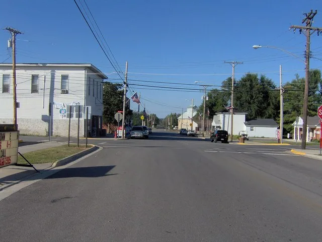 View of the small business district in Rushsylvania, Ohio , facing north on Sandusky Street.