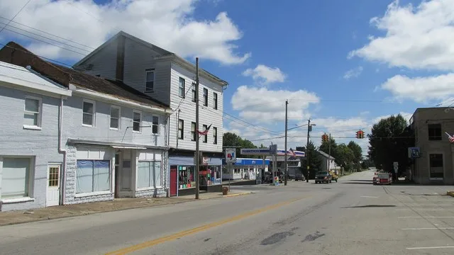 Looking east at the intersection of Main Street (Ohio Highway 125) and Columbus Street (US Highway 62) in Russellville, Ohio.