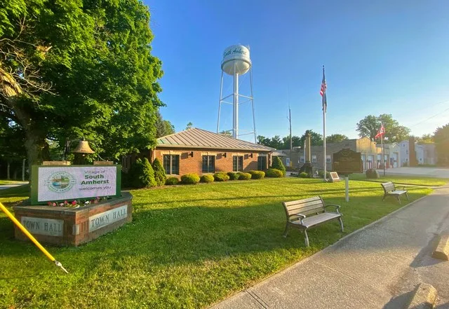 South Amherst Town Hall and Fire Station. Looking down West Main St. 2024