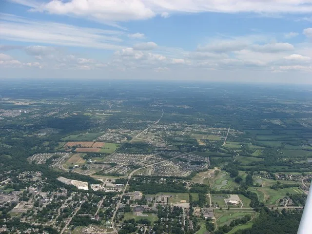 Aerial view of Springboro , a city primarily in Warren County , Ohio , United States ; although part of the city extends into Montgomery County , this picture is taken exclusively...