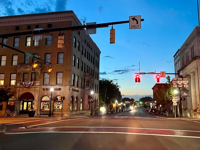 Photo showing part of Downtown Tiffin, Ohio as seen from the intersection of S. Washington St. and E. Perry St. on July 23, 2022.