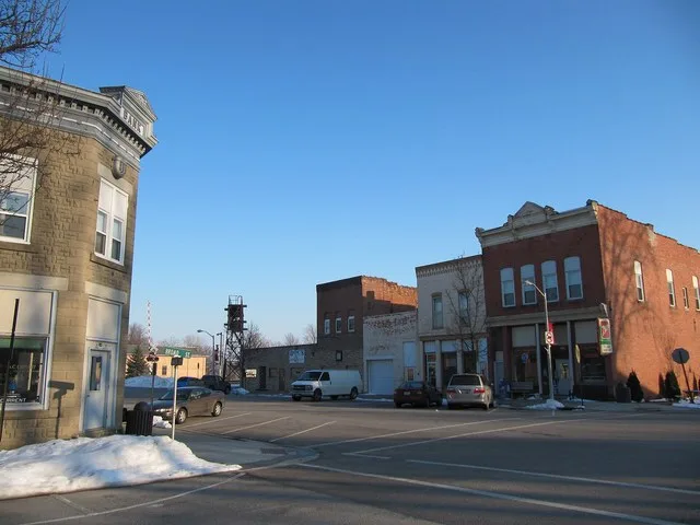 Photograph of the village of Tontogany , Ohio en , taken at street level from the intersection of Broad and Main streets, looking East toward downtown and the railroad intersectio...