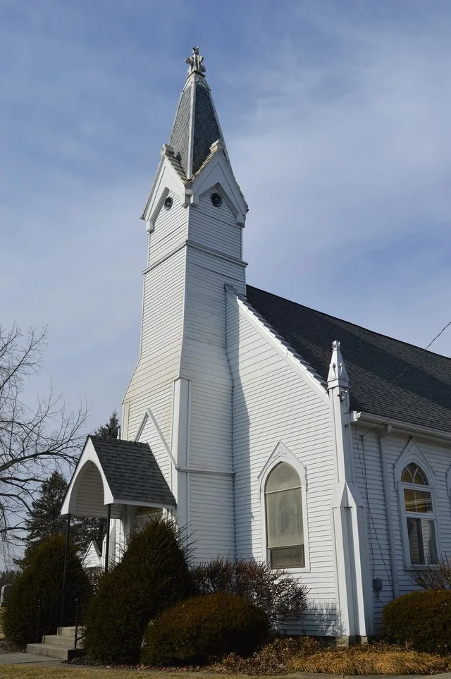 Front of the Unionville Center United Methodist Church, located at 127 W. Main Street in Unionville Center , Ohio , United States .