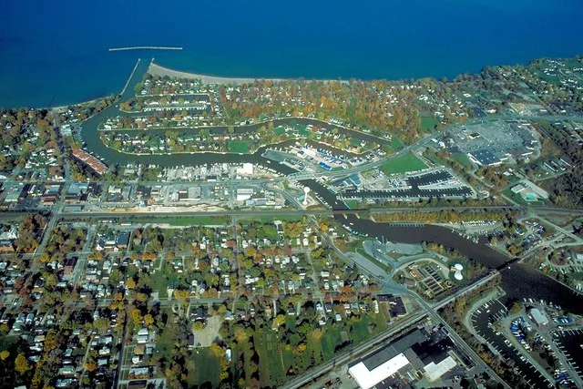 Aerial view of Vermilion, Ohio, USA on Lake Erie, near Sandusky, Ohio. The major highway U.S. Route 6 (Liberty Avenue) can be seen running west-east.