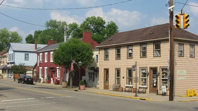 Buildings on the eastern side of Main Street near the Miami Street intersection in Waynesville , Ohio , United States . This block is part of the Waynesville Main Street Historic...