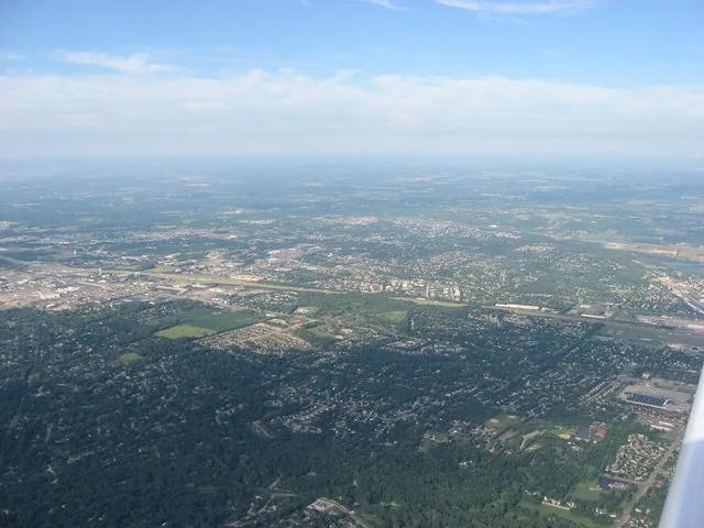 Aerial view of West Carrollton , a city in Montgomery County , Ohio , United States . Interstate 75 is the major highway running from side to side in the middle of the picture. Pi...